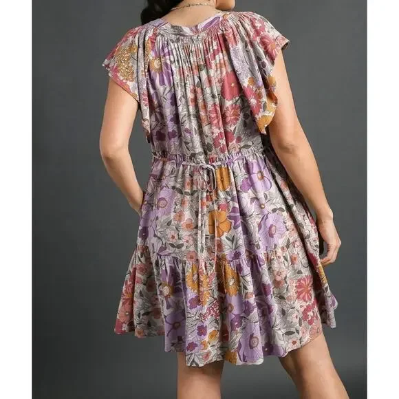 Umgee Pink Floral Dress V-Neck Flutter Sleeve Peasant Cottagecore Small Back Tie - Picture 2 of 9